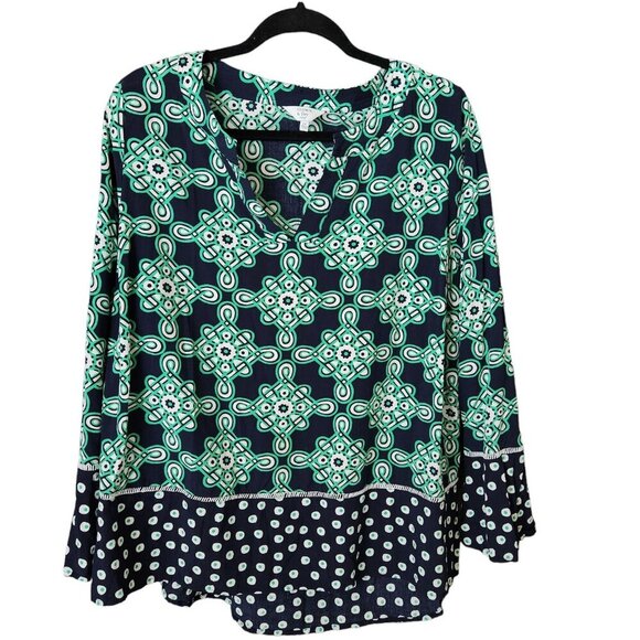 Crown & Ivy Blouse Womens 2X Pullover XXL Boho Top Bell Sleeves Blue/Green Beach - Picture 1 of 11